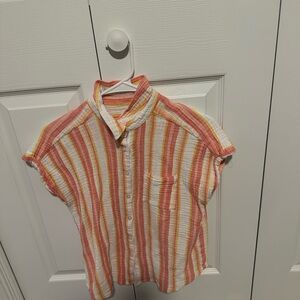 LOFT Pink and Yellow Striped Button Down Shirt